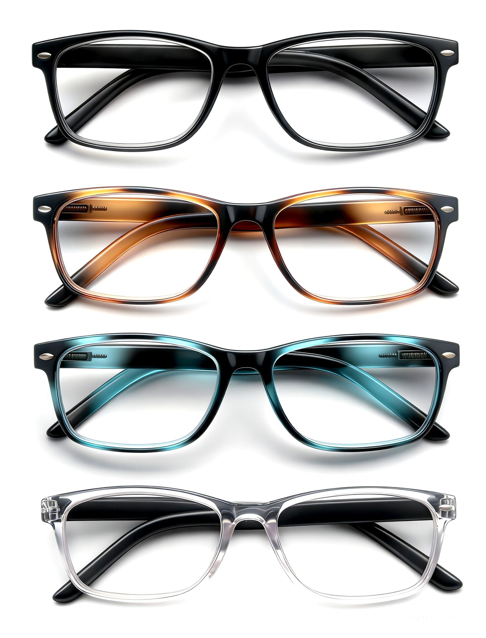 HEEYYOK Reading Glasses Men Women 4-Pack,Readers Glasses Comfortable Spring Hinges Flexible,Lgithweight Eyeglasses for Reading,Including 4 Pouch