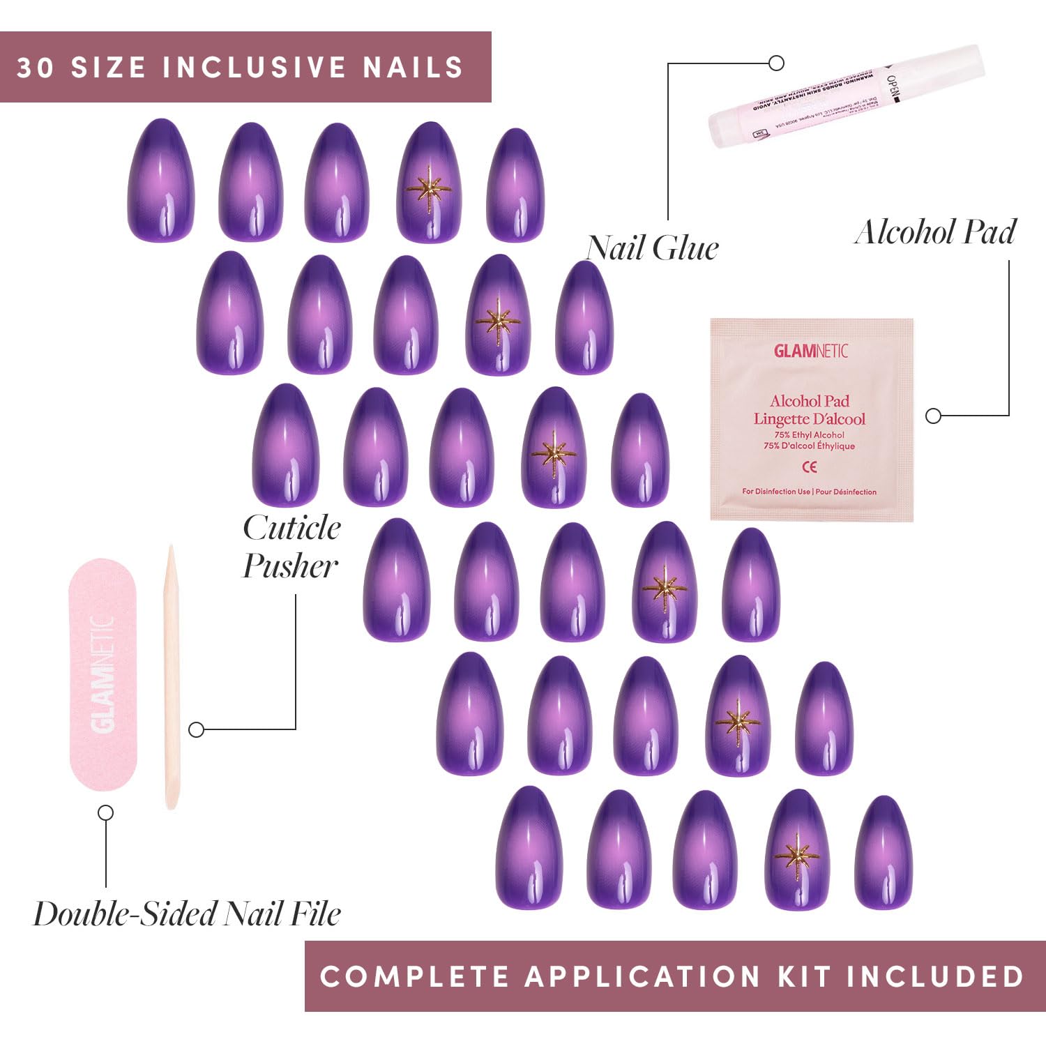 Glamnetic Press On Nails - Tarot | Short Almond Purple Nails with Ombre Design, Reusable Stick On Fake Nails with Glue | Salon Quality | 15 Sizes - 30 Nail Kit - Image 4