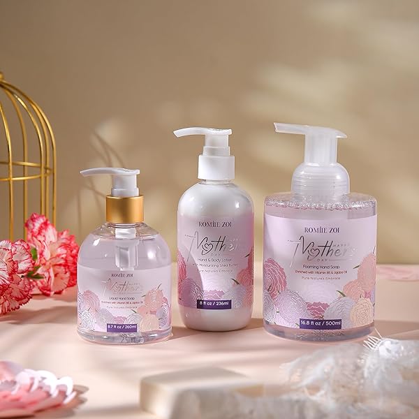 ROMIIE ZOI FOAMING HAND SOAP FOR MOTHER’S DAY GIFT BASKET – CARNATION DESIGN, INFUSED WITH ROSE SCENTED AROMA – 500 ML / 16.8 FL OZ