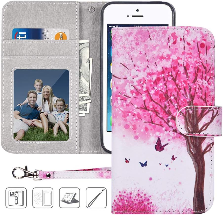 iPhone SE / 5S / 5 Wallet Case,MagicSky iPhone SE/5S/5 Case Premium PU Leather Flip Folio Case Cover with Wrist Strap,Card Holder,Cash Pocket,Kickstand for Apple iPhone 5S/5/SE,Pink Tree