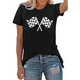 PECHAR Racing Shirt for Women Checkered Flag Graphic car Shirts Race Lover Shirt Raceday Casual Short Sleeve Tee Tops