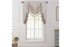 Loom and Mill Luxury Jacquard Waterfall Valance for Living Room, Floral Damask Swag Window Valances with Multi-Tassels, Elegant Swag Curtains for Bedroom Holiday Banquet Decor(W39, Light Taupe+Gold)