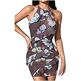 Milumia Women's Floral Ruffle Trim Bodycon Mini Dress Tie Backless Halter Short Dresses