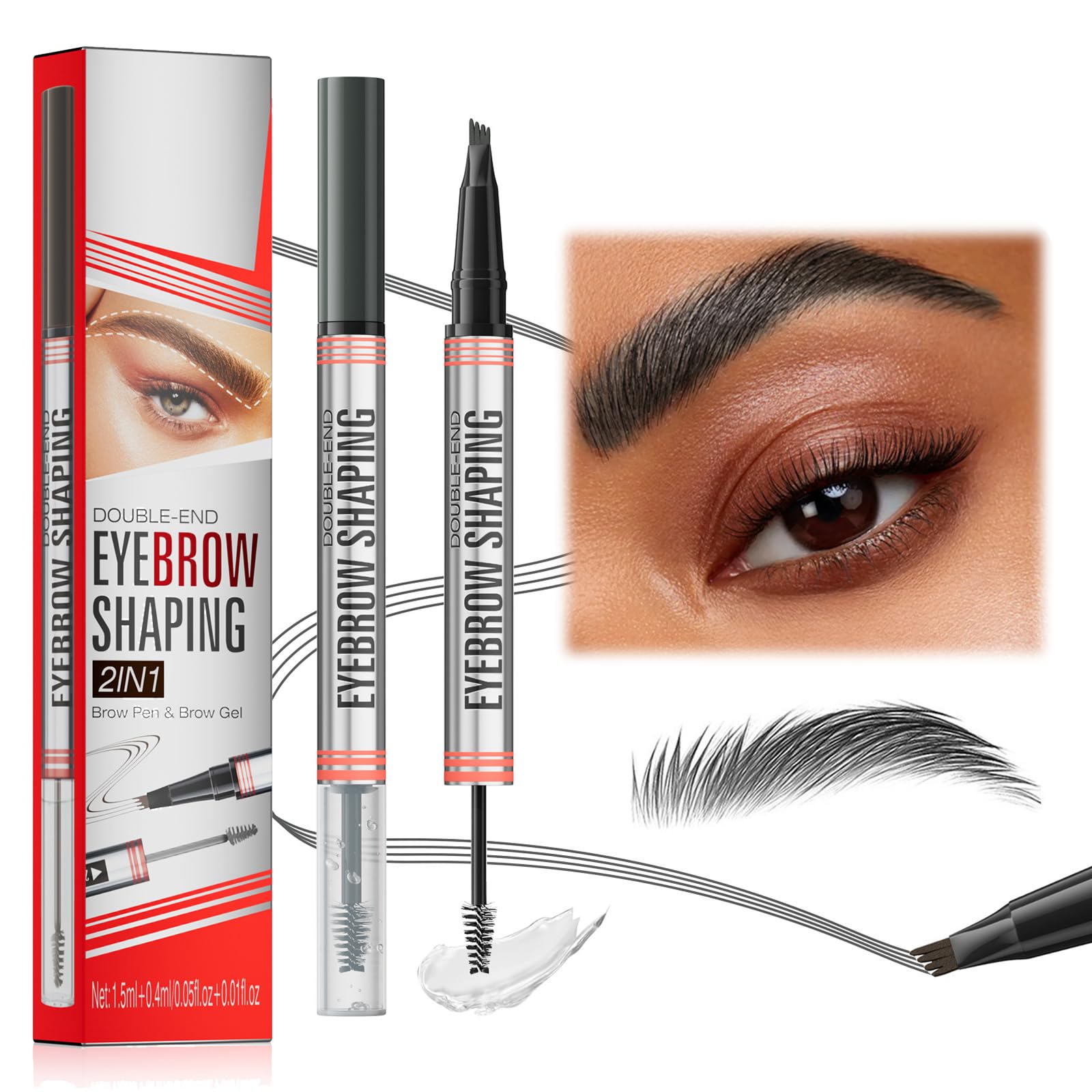 Magic Eyebrow Pencil And Gel 2 In 1 Microblading Pen With 4-Tip Waterproof Brow Gel For Lamination, Smudge-Proof 24h Long-Lasting (Black)