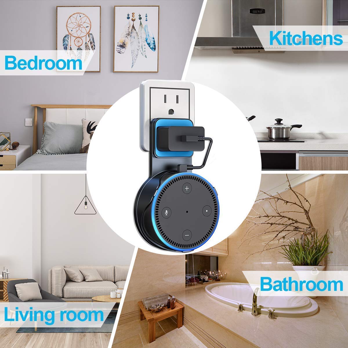 2 Packs Echo Dot Wall Mount Outlet Hanger - Idealife Speakers Holder for Echo Dot 2nd Generation Echo Dot Holder with Alexa Short Charging Cable, Space-Saving Speaker Hanger (Black)