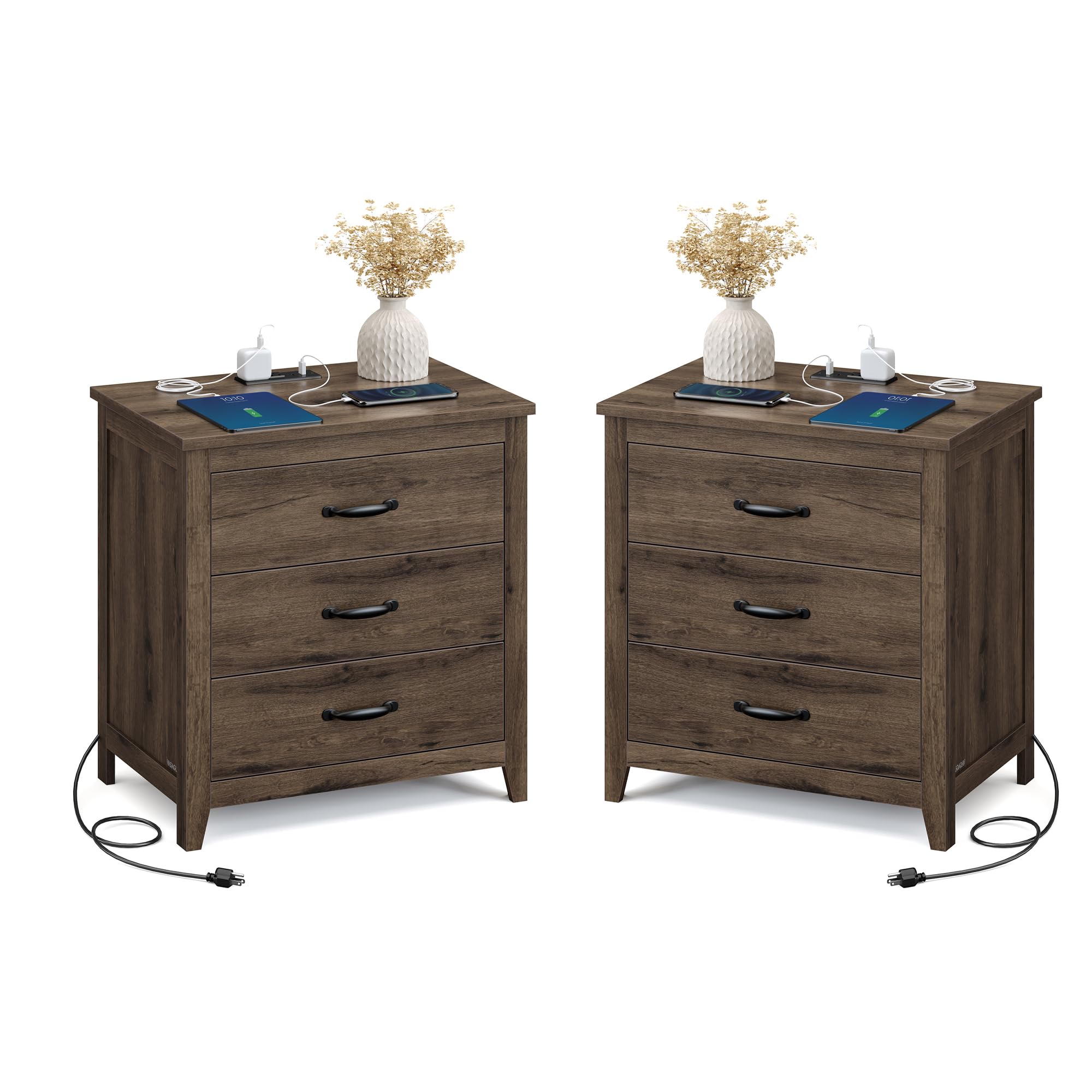 Photo 1 of **SELLING FOR PRTS AS PARTIAL SET**VASAGLE LIRY Collection - Farmhouse Nightstand with Charging Station, Set of 2, Bedside Tables, Side End Tables with 3 Drawers, for Bedroom, Taupe Brown ULET979T01