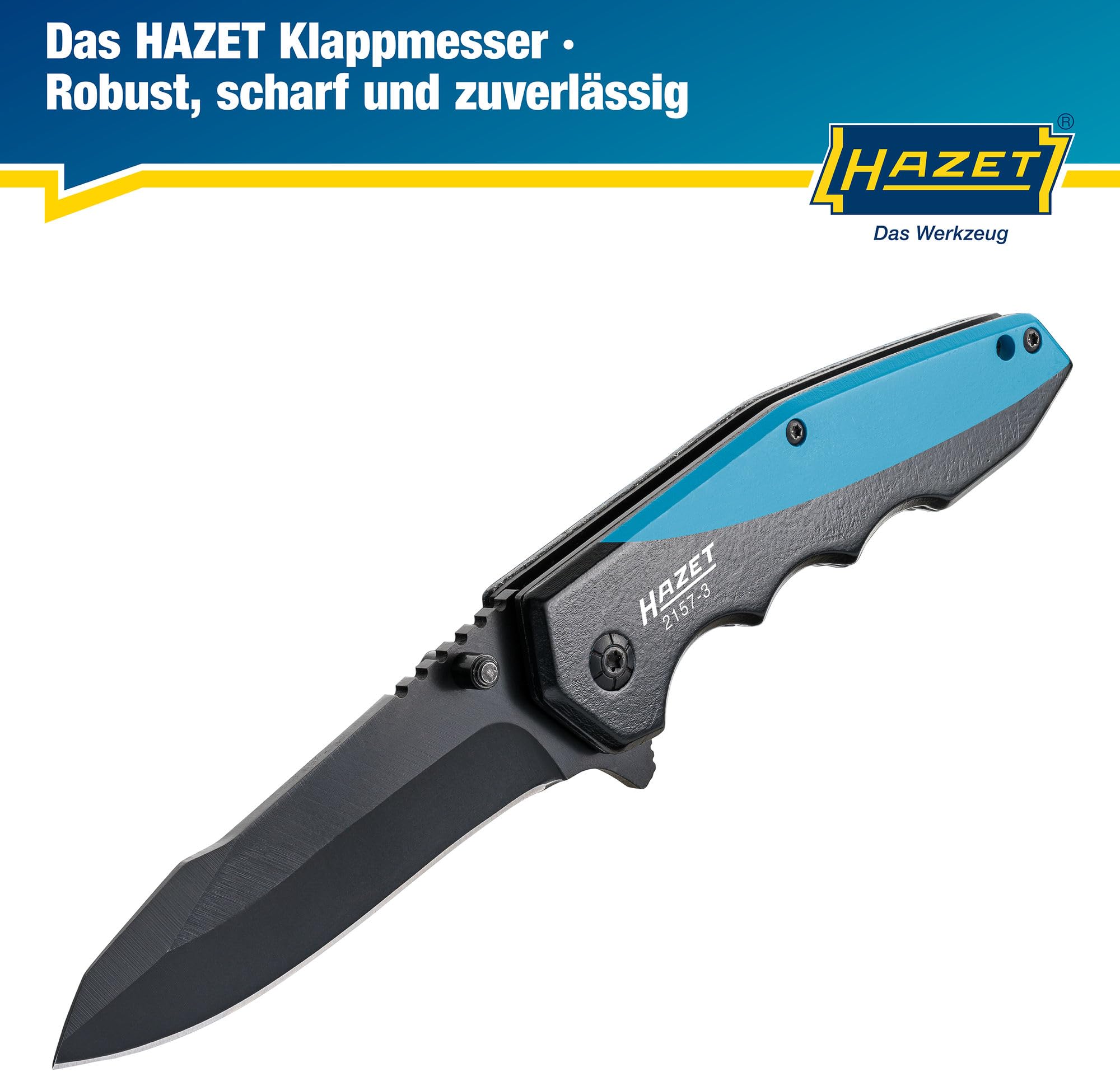Hazet Klappmesser 2157-3 I Outdoor Taschenmesser mit hochwertiger Edelstahl-Klinge I Aluminium-Griff mit Fingermulden für den Einsatz in Werkstatt, Industrie oder Hobby 2