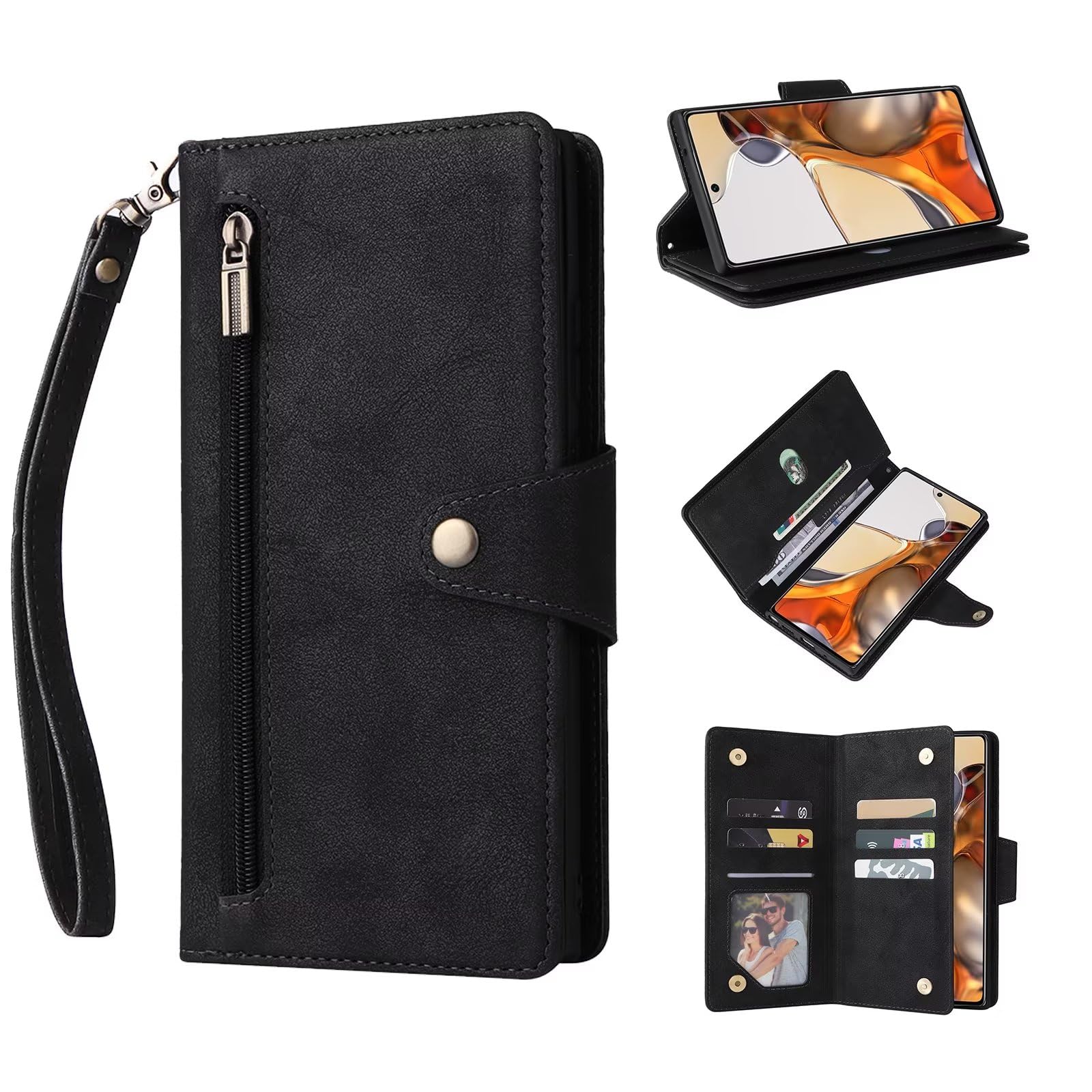 ESONG Wallet Case for Google Pixel 8,Premium PU Leather Zipper Pocket Magnetic Flip Stand Case Cover with Wrist Strap/Card Slots/Coin Pouch/Kickstand,Full Body Protection Phone Case -black