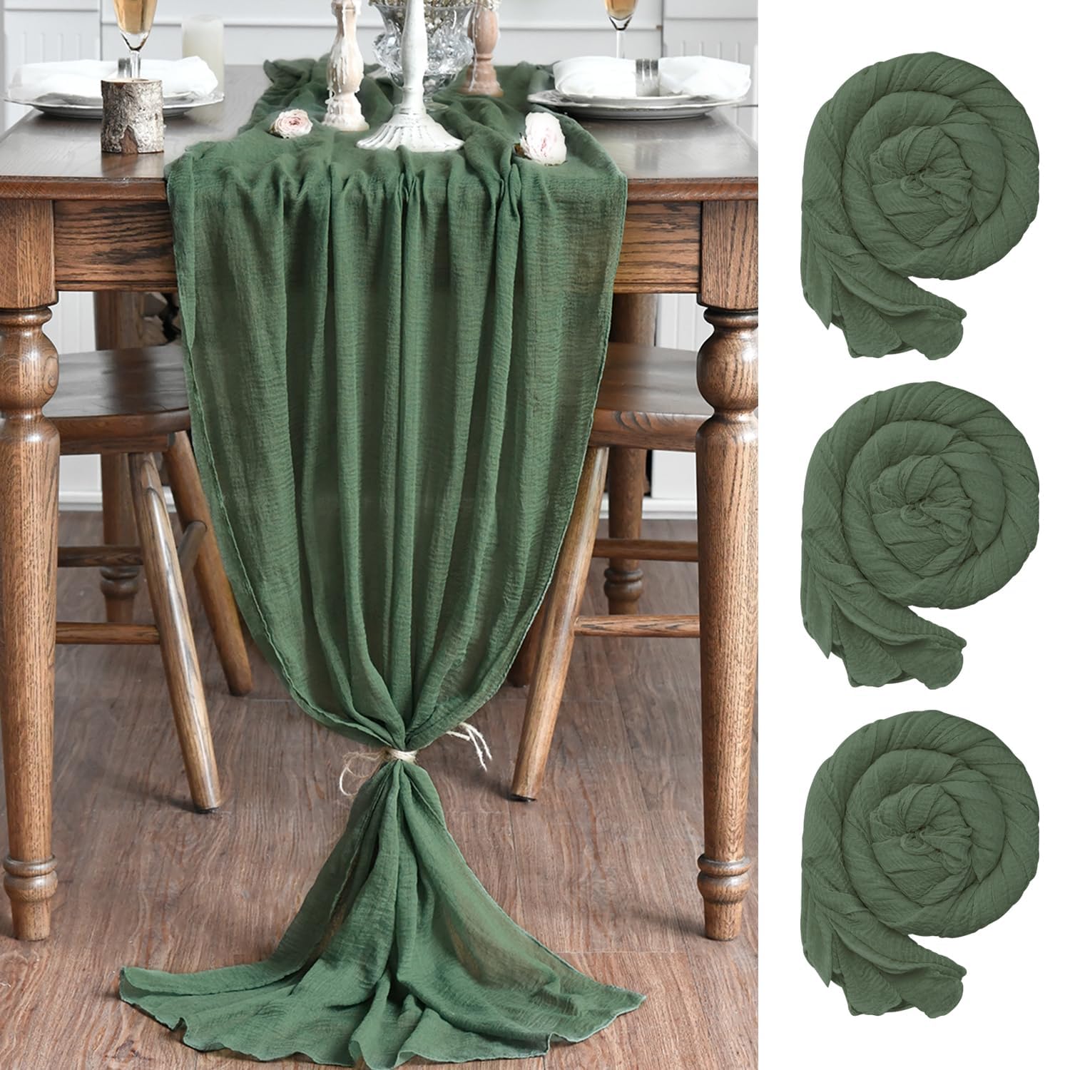 Photo 1 of Artoid Mode Boho Forest Green Gauze 3 Pieces Wedding Table Runner, 120 Inch Birthday Fabric Kitchen Dining Holiday Table Decor for Home Party Indoor