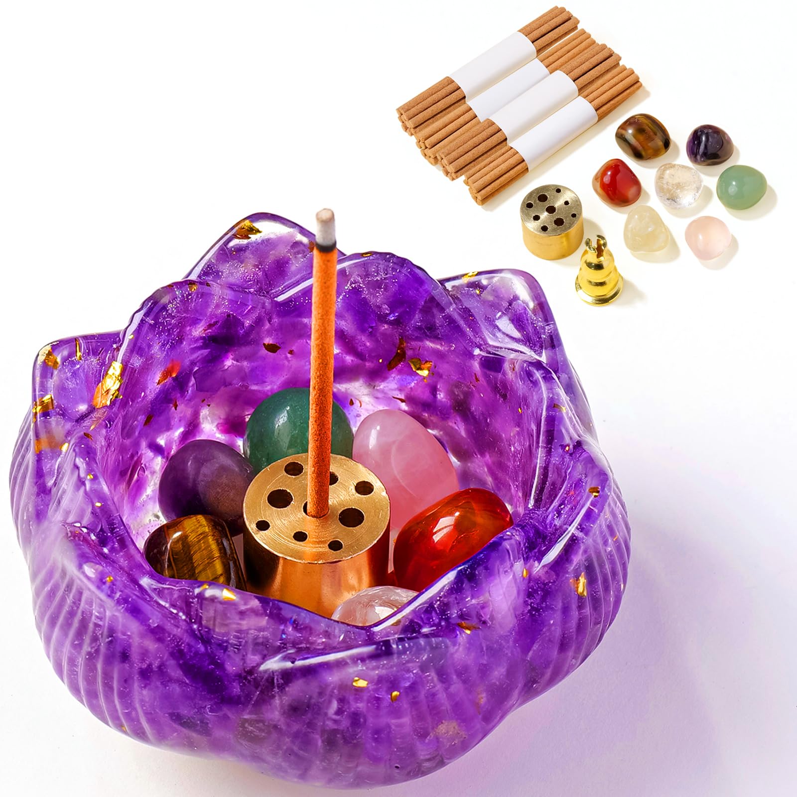 Photo 1 of 15pcs Set Amethyst Resin Crystal Lotus Incense Burner with 40 Incense Sticks and Removable Ash Collector - Protect Energy for Meditation Room, Yoga & Home Decor Birthday Lover Gift