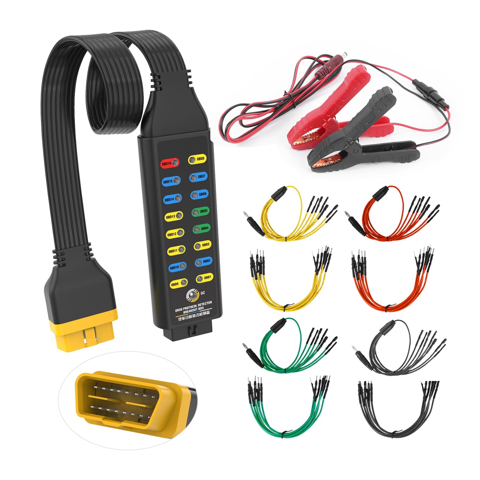 Photo 1 of OBD2 Breakout Box, Automotive OBDII Protocol Detector Communication/Power/Ground Detection Breakout Box 16-Pin CAN 17.7 inches Cable Fault Diagnosis Scan Tool with Universal Wire Jumper and Clips