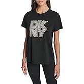 DKNY Womens Mixed Metal Stacked Glitter Logo Short Sleeve T-Shirt