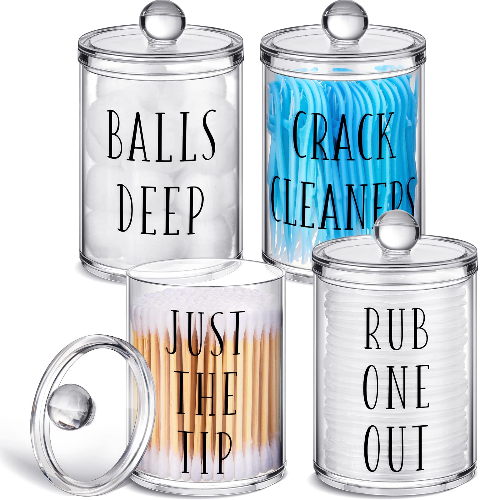4 Pack Fun Qtip Holder Apothecary Jars with Lids,10 oz Clear Bathroom ...