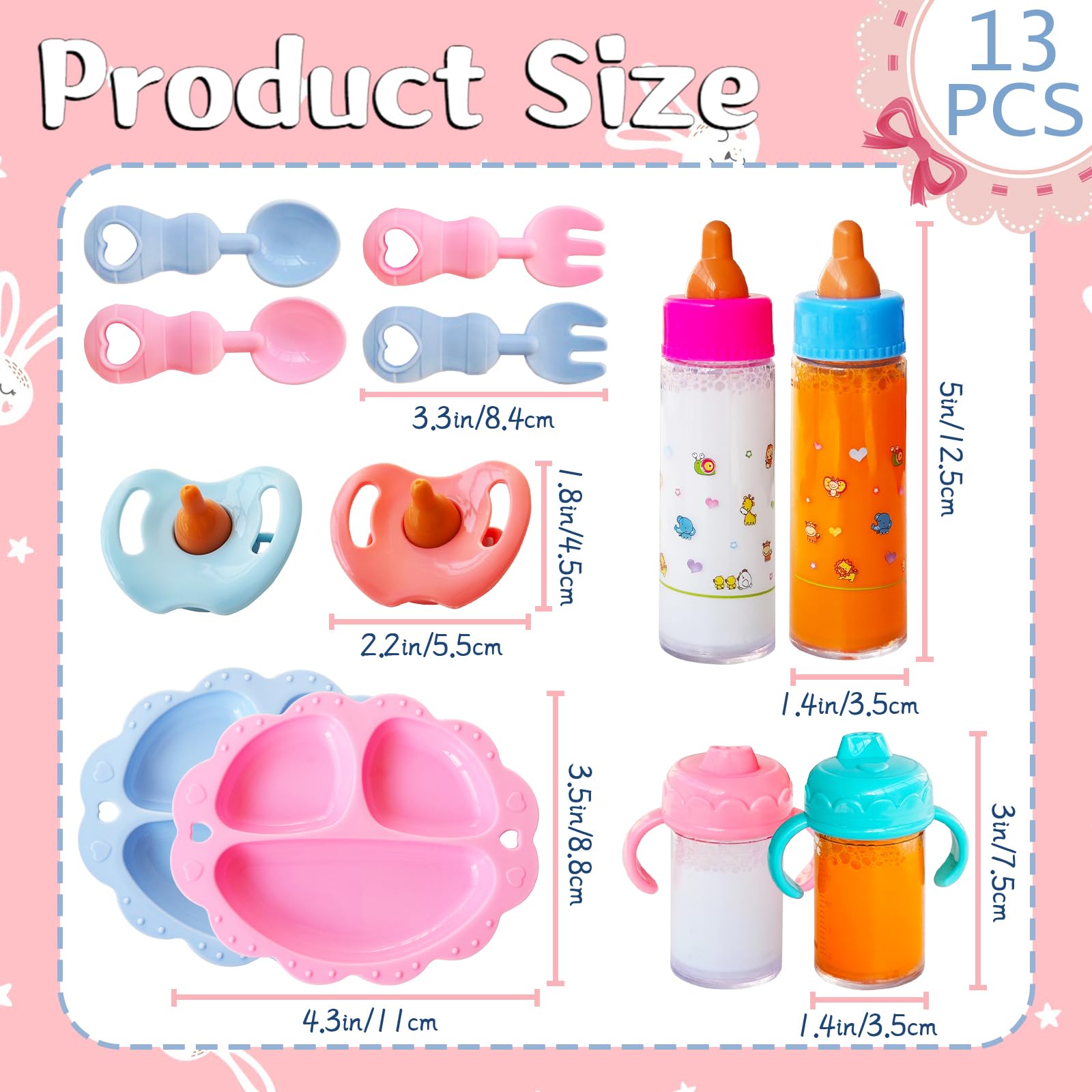 13 Pcs Baby Doll Accessories Magic Bottle Set,Pretend Play Feeding Toy Set with Package,Doll Feeding Set for Kids Girls,Magic Disappearing Juice Milk Bottles,Sippy Cups,Pacifiers,Bowl Spoons