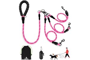 LEOSASA No Tangle 3 Dog Leash - Main Lead Rope with Padded Handle, Three Detachable Leash Splitters, Heavy-Duty Clip, 4.76ft for Walking, Running, Small, Medium, Large Dogs (Pink)
