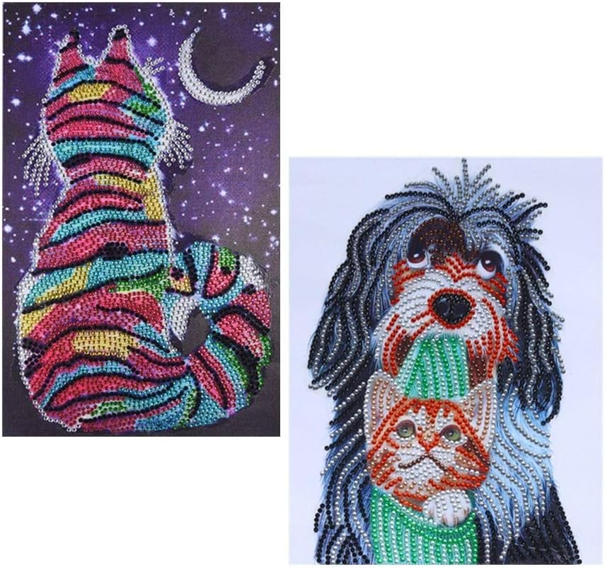 DIY 5D Diamond Painting by Number Kit, Pack of 2 Colorful Animal Special Shape Rhinestone Embroidery Cross Stitch Arts Craft Canvas Wall Decor (Cat and Dog)
