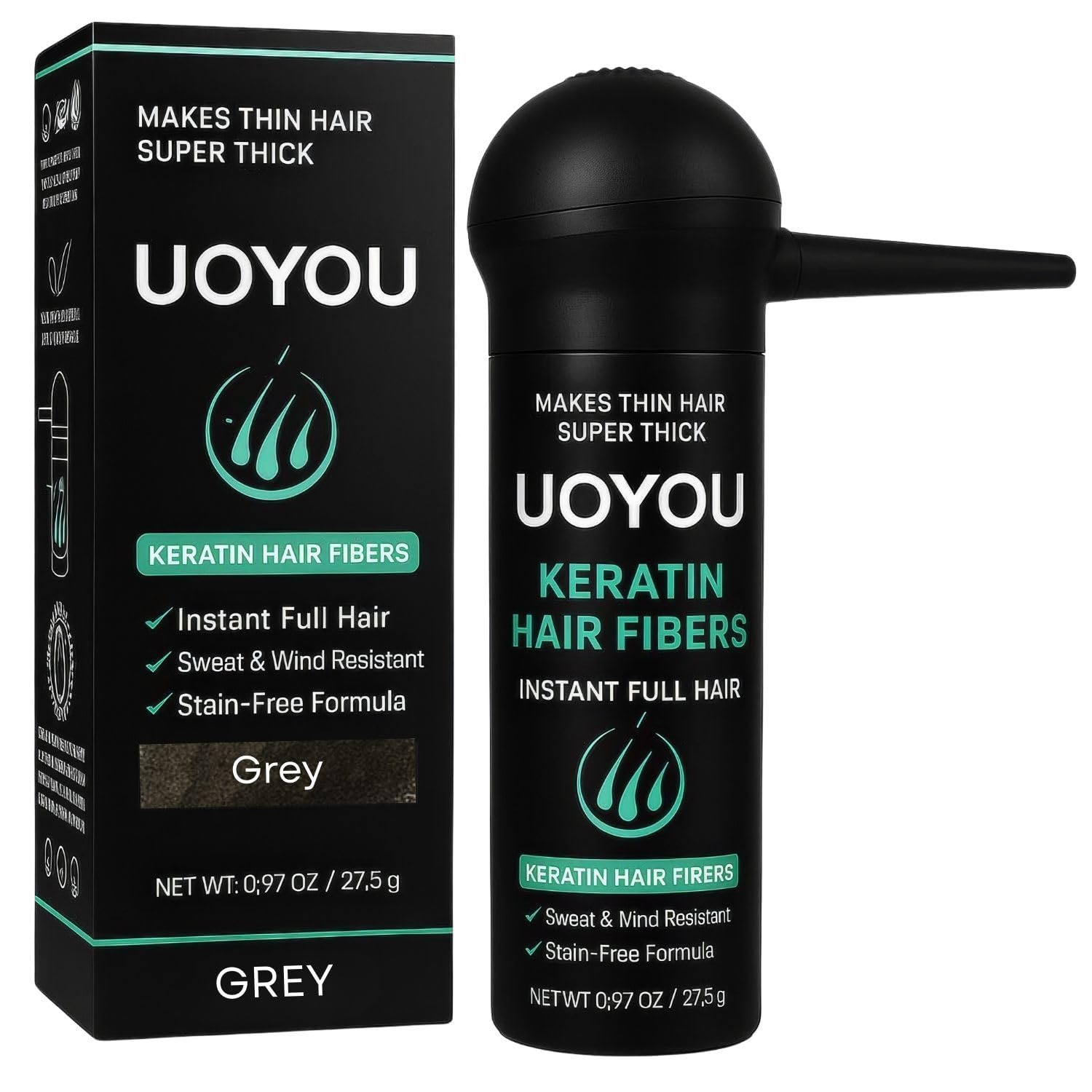 UOYOU Hair Fibres GREY 27.5g with Pump Applicator – Natural Keratin Hair Building Fibers for Thinning Hair – Undetectable, Sweat- & Wind-Resistant Concealer for Men & Women