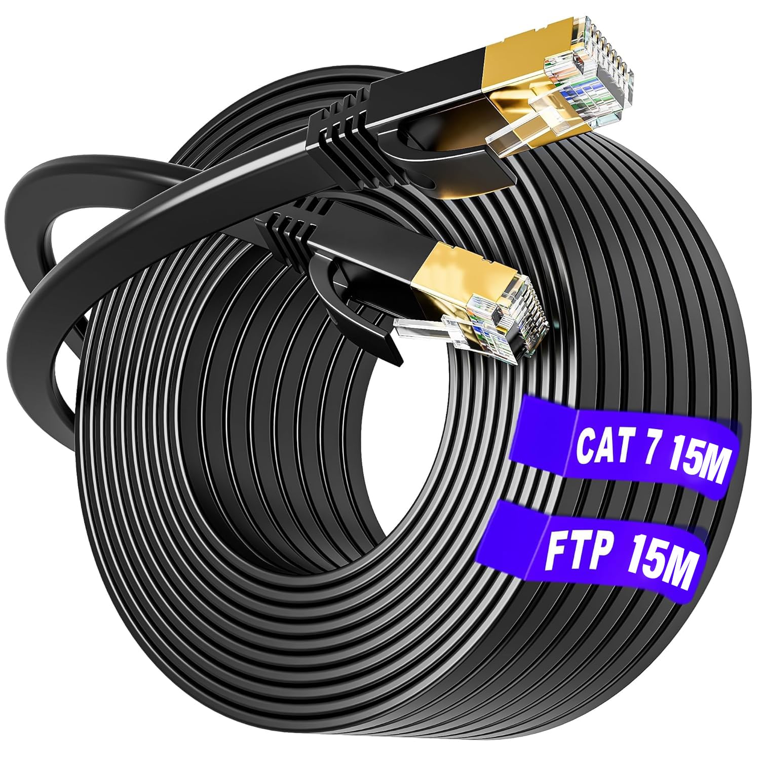 Cat 7 Ethernet Cable 15m, Long Ethernet Internet Cable 15m High Speed Shielded Network Cable Flat, S/FTP - 10Gbps (15 Clips) - Faster than Cat6/Cat5, Lan Cable for Xbox/Switch/Router/Game/Modem — image 1