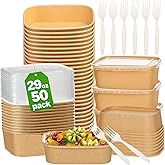 Artuxer 50-Pack 29oz Disposable Kraft Paper Bowls 【with Lids and Forks】,Disposable Meal Prep Containers,to go food containers,Microwavable and Freezer Take Out Containers for Hot/Cold Food