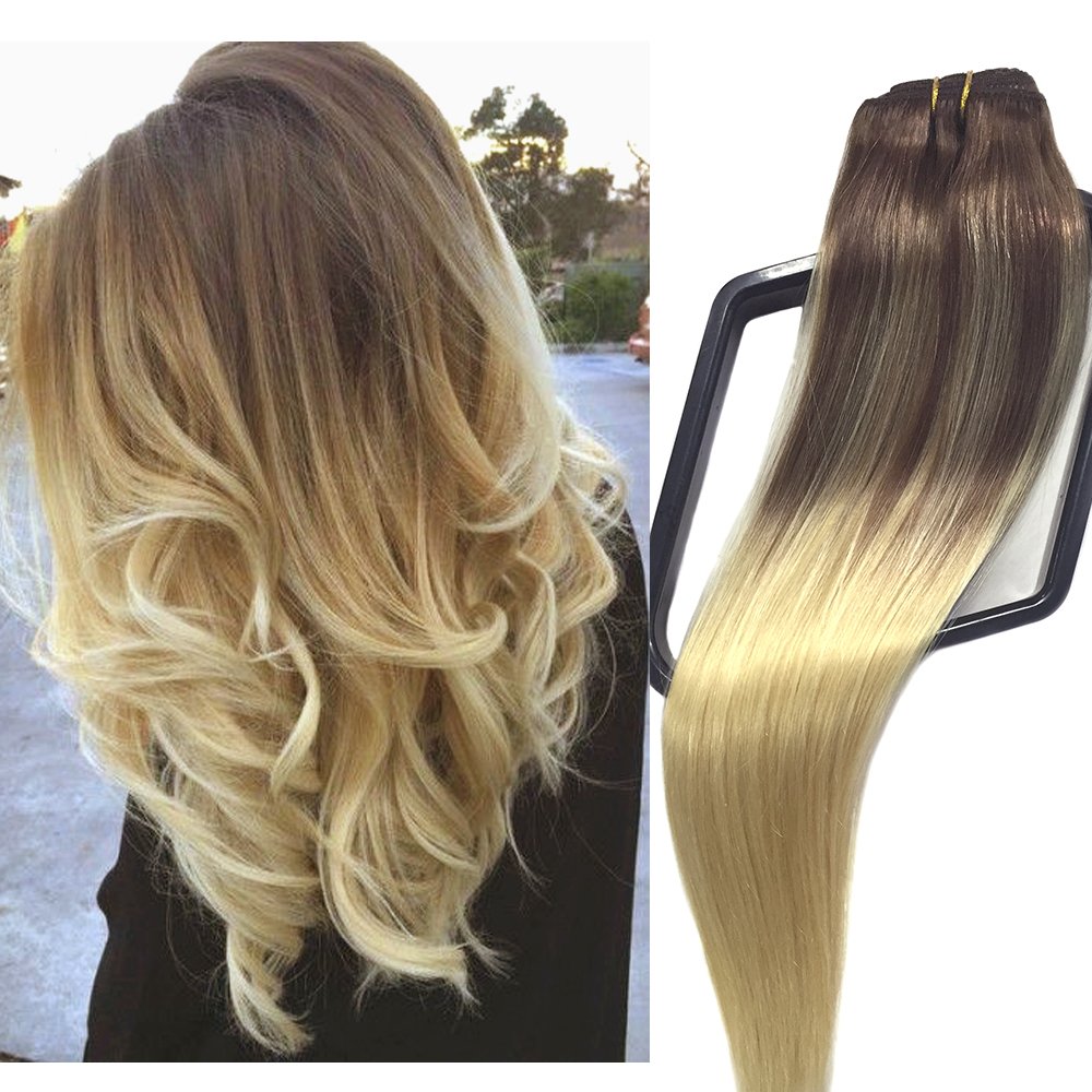 Amazon Com Clip In Hair Extensions Medium Brown Fading To Blonde