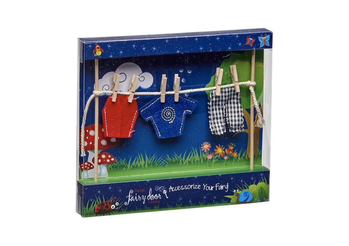 The irish fairy door clothes line with male fairy clothes