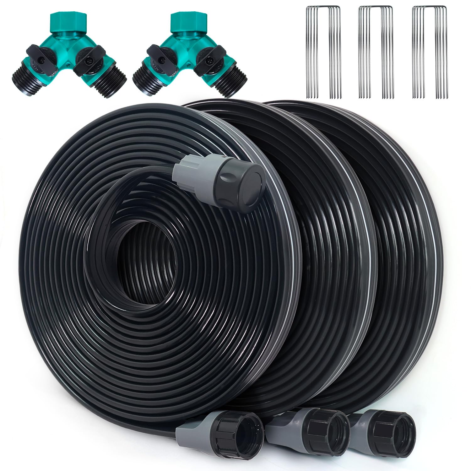 Photo 1 of Apgooface Sprinkler Hose with Holes 75 Ft (25 ft 3pack), Flat Soaker Hose 75 ft with Garden Staples and Splitters, Drip Line Irrigation Hoses for Lawn, Vegetable Watering Hose (75 ft)