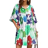 Yousify Womens Summer Dresses Floral Mini Babydoll Dress V Neck Puff Sleeve Loose Fit Boho Beach Sundress with Pockets