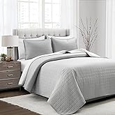 Lush Decor Farmhouse Box Stitch and Stripe Reversible Cotton Quilt King Size 3 Piece Set Gray - Bedding Set King Quilt - Lightweight Quilts Gray