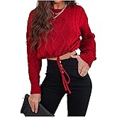 SHENHE Women's Cropped Sweater Crew Neck Long Sleeve Drawstring Cable Knitted Pullover Tops