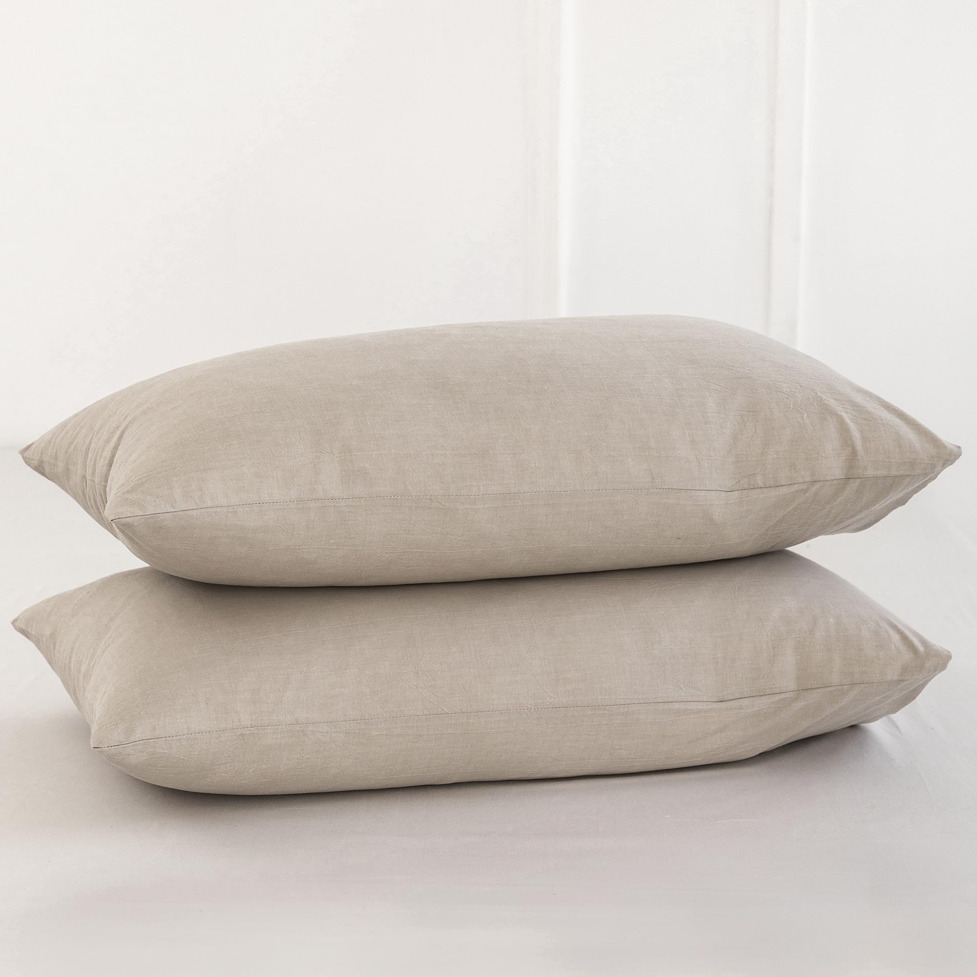 Photo 1 of MooMee Bedding Pillowcases Pack of 2 100% Washed Cotton Linen Like Textured Breathable Durable Soft Comfy (Heathered Tannish Linen Grey, Queen)