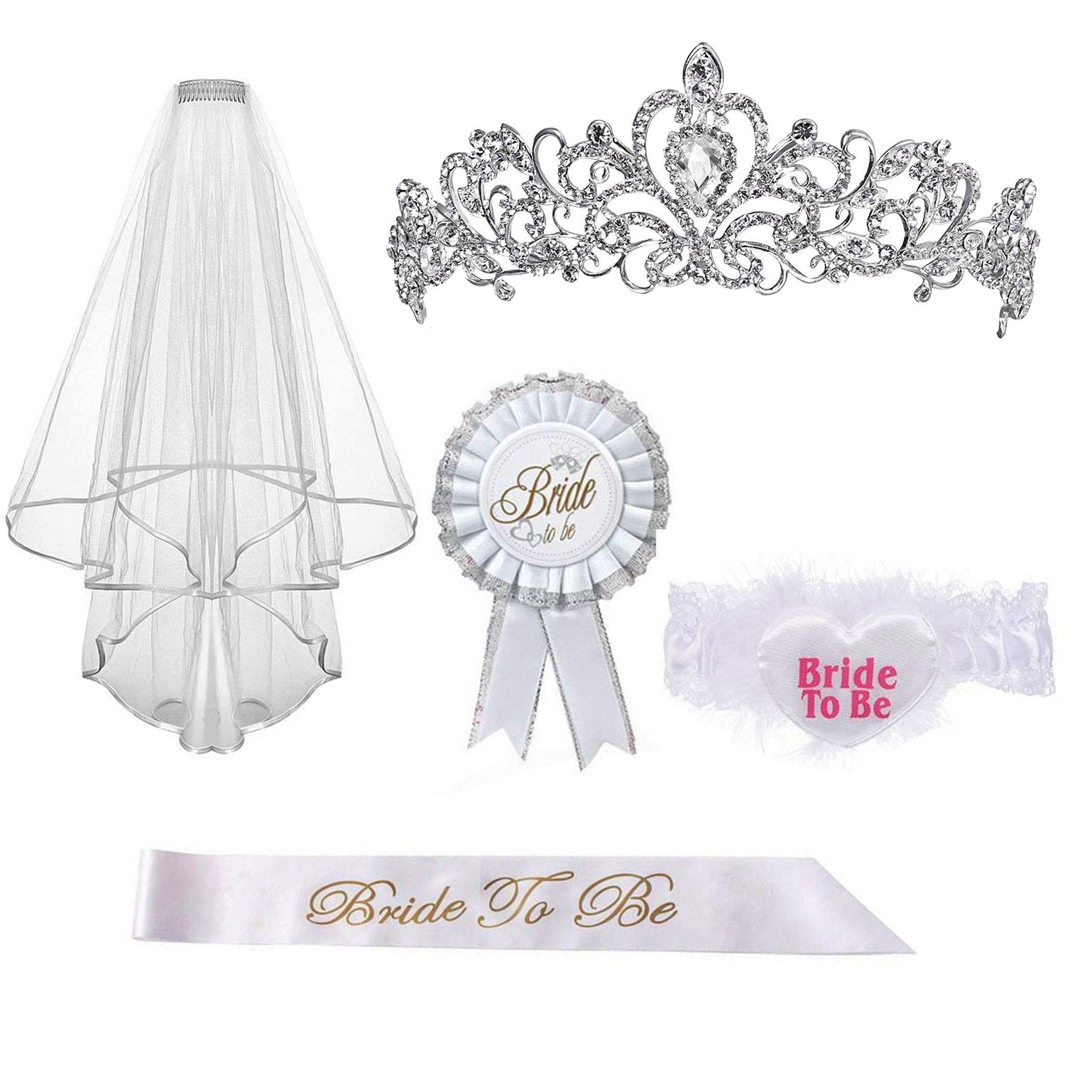 Alledomain Bride to be Decoration Set for Hen Night Party/Bachelorette Party, Set of 5 Includes Rhinestone Tiara, Bridal Wedding Veil, Bride To Be Sash, Rosette Badge and Garter