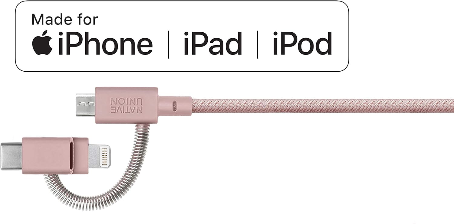 Native Union Belt Cable Universal - 6.5ft Ultra-Strong Reinforced [Apple MFi Certified] Durable Charging Cable with 3-in-1 Adaptor for Lightning, USB-C and Micro-USB Devices (Rose)