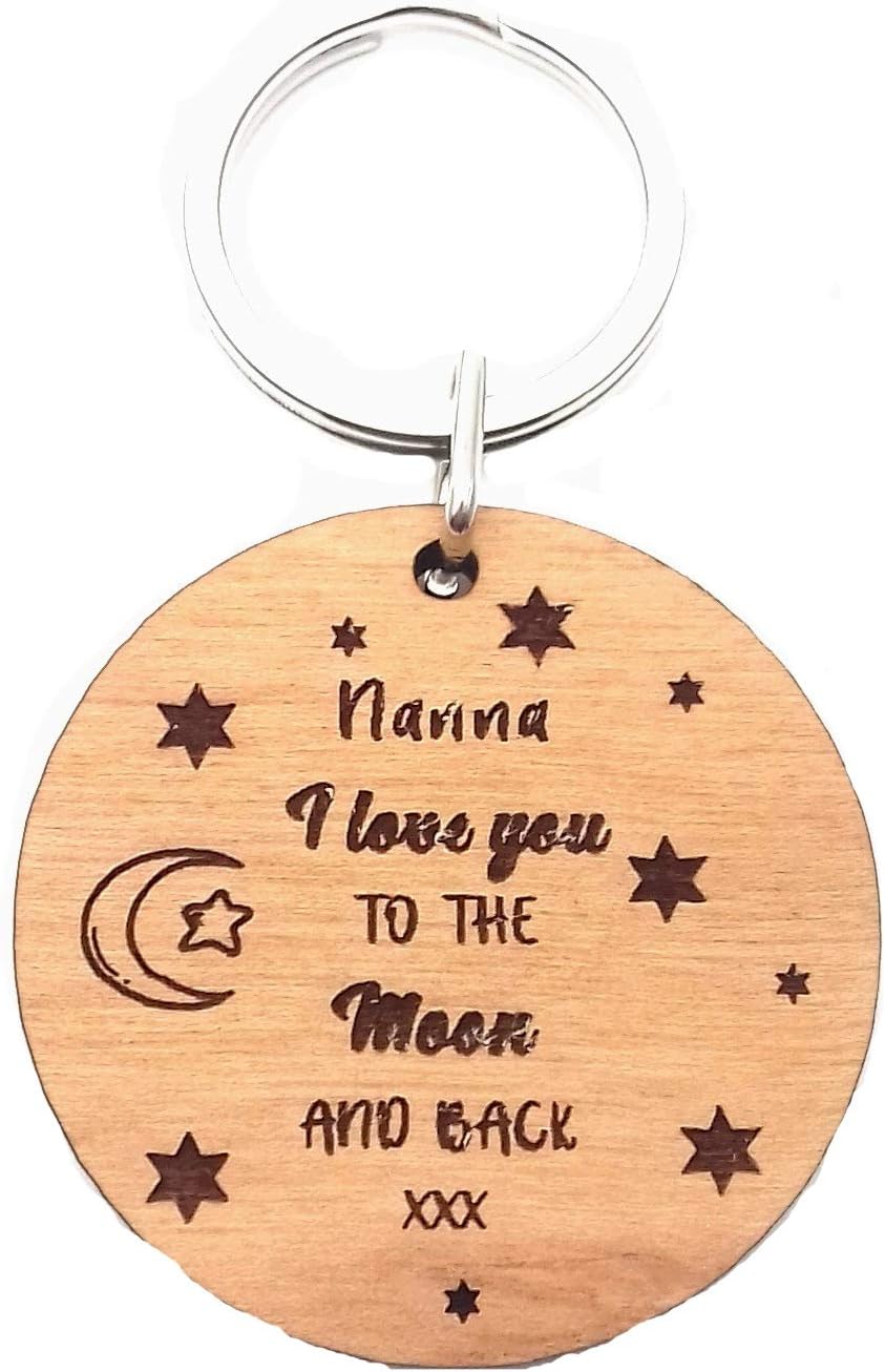 Nanna I Love You to The Moon and Back Wooden Keyring Key Ring Novelty Gifts from Grandson Granddaughter, Brown, 4cm x 0.5cm x 4cm