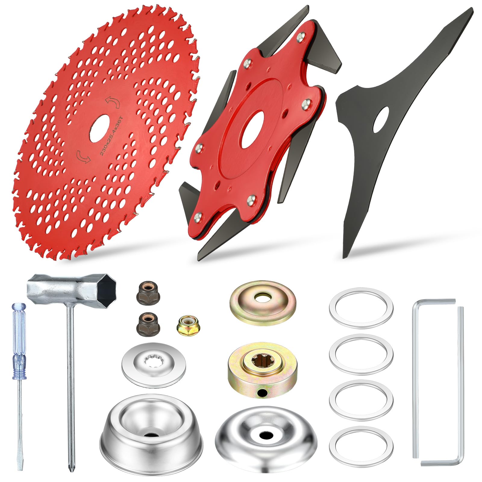 Photo 1 of Threlaco 6 Steel Teeth Razor Trimmer Head and 3 Teeth Brush Cutter Blade Set Weed Trimmer Blades Metal Gloves for Brush Cutter Attachments, Weed Lawn Trimmer Tools (Red, 9 x36t+10 x3t+6t)