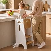 COSYLAND Toddler Tower Toddler Standing Kitchen Stool | Super Stable Toddler Kitchen Tower Helper, 3 Levels Adjustable Wooden Learning Tower for Kids (Natural &amp; White)