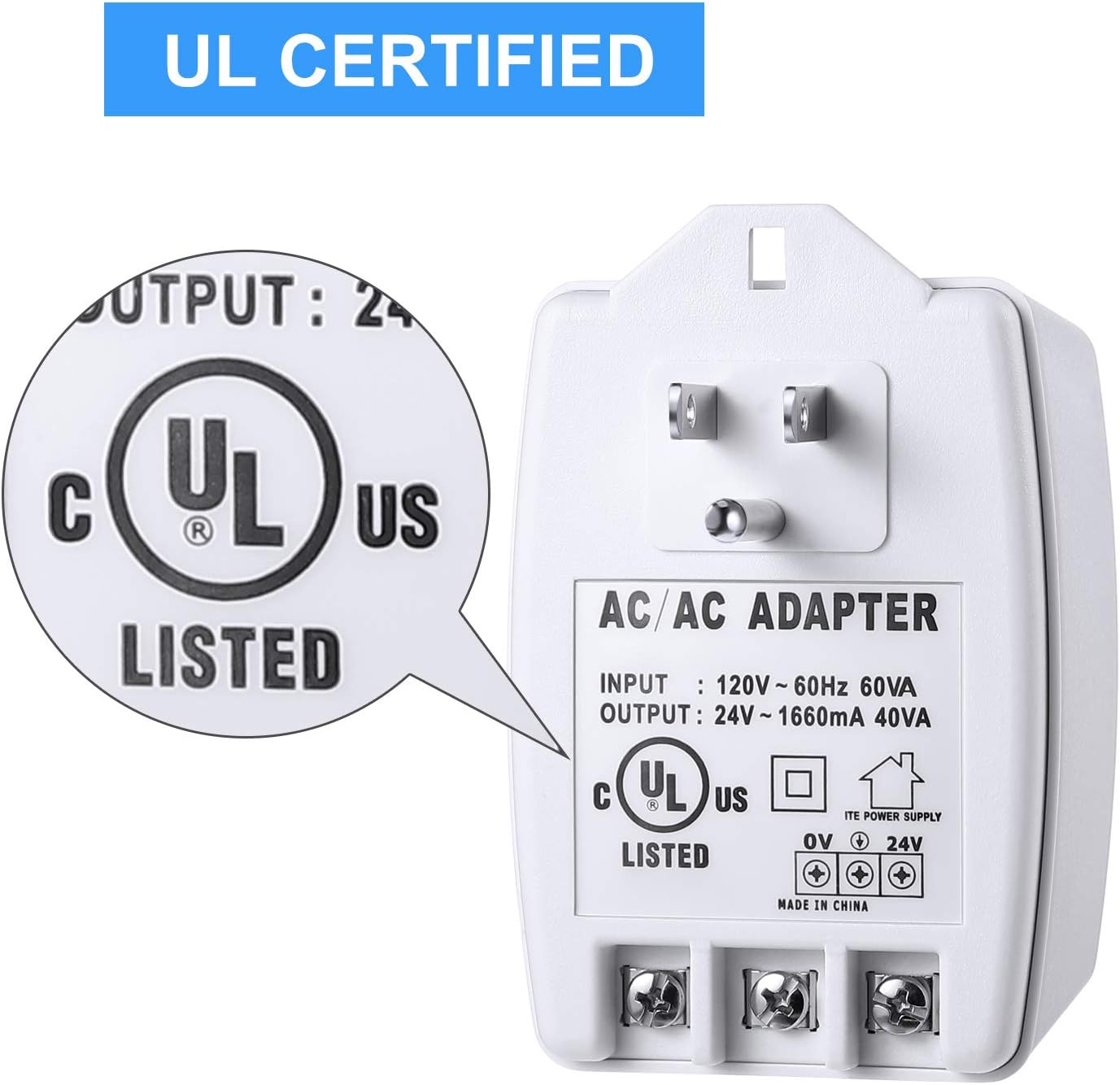 24VAC, 40 VA AC Transformer Plug in with PTC Fuse Compatible with Ring Nest Doorbell Thermostats UL Certified - - 