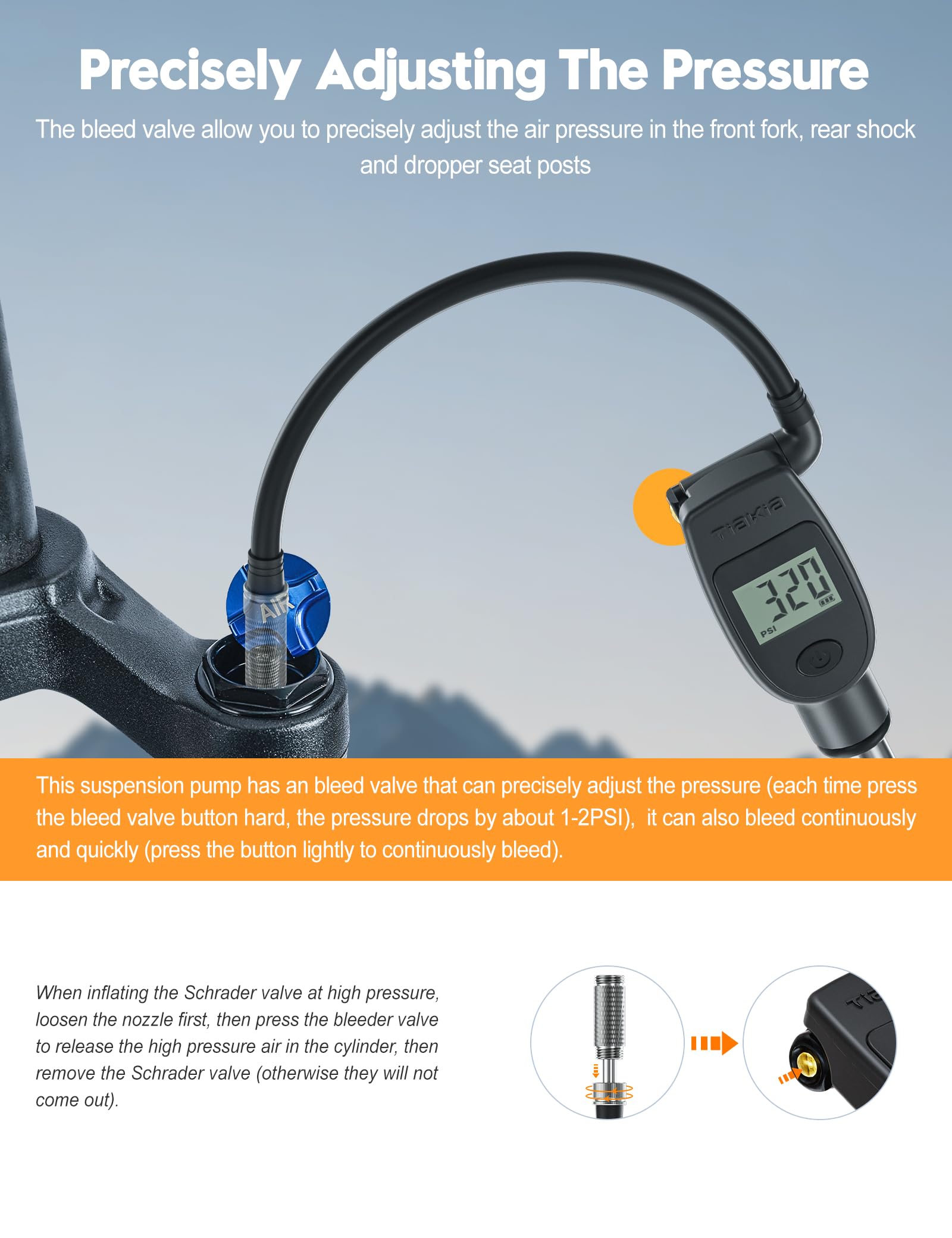 Tiakia Hochdruck Dämpferpumpe mit Digitaler Manometer 320PSI Für Luftdämpfer und federgabel,Tragbare fahrradpumpe Aluminium reifenpumpe Fahrrad Rahmenpumpen,Für Schrader/Presta、DH、MTB (Black) 5