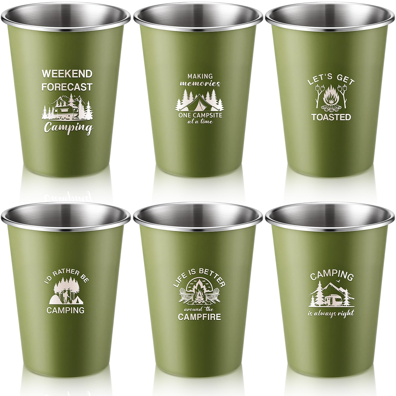 Photo 1 of Honeydak 6 Pack Stainless Steel Camping Mugs 11oz Pint Cups Stackable Tumbler Barbecue Beer Mug for Camping Outdoor Picnic Hiking Fishing Party, Green