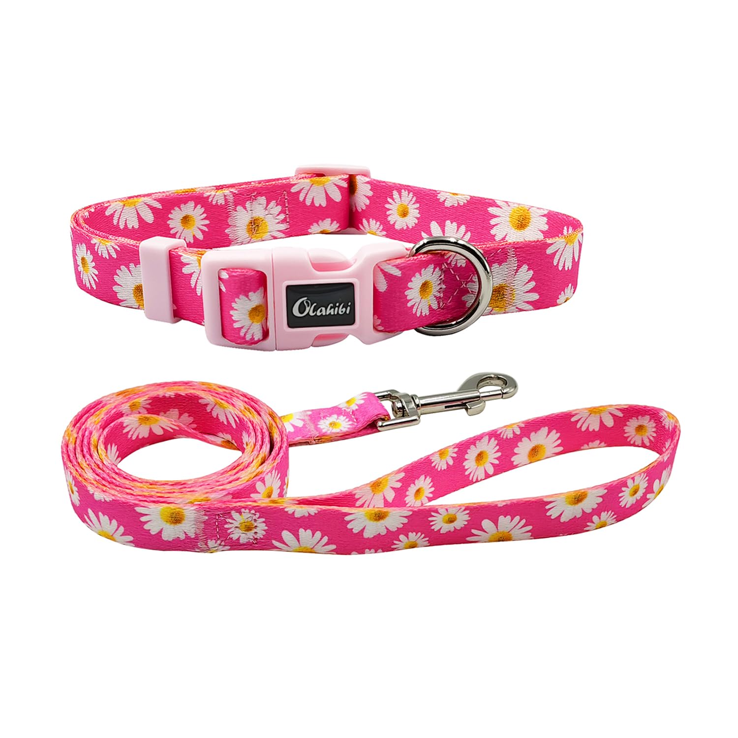 Olahibi Daisy Pattern Dog Collar and Leash Set,Durable Polyester Collar and 150CM Matching Lead for Medium Dogs.(M, Hot Pink Daisy) — image 1