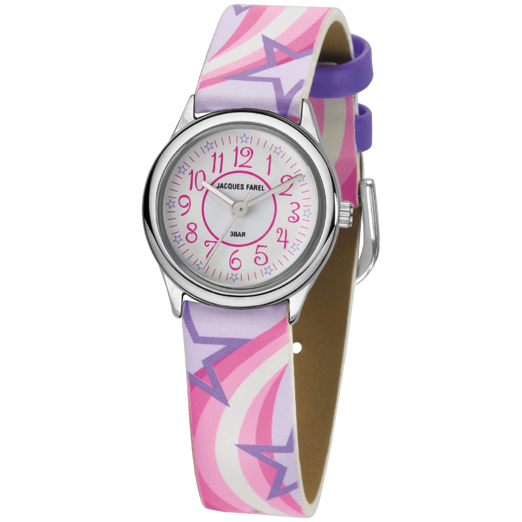 Jacques Farl HCC 324 Kids Watch, Children's Quartz Watch with Pink / Purple Stars Design Analogue Quartz Metal Faux Leather