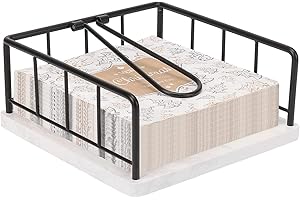 Livabber Flat Napkin Holder, Metal Kitchen Napkin Storage with Weighted Tension Arm Rustic Tissue Paper Dispenser for Countertop, Table Kitchen, Dining Room (With Marble Base, Black)