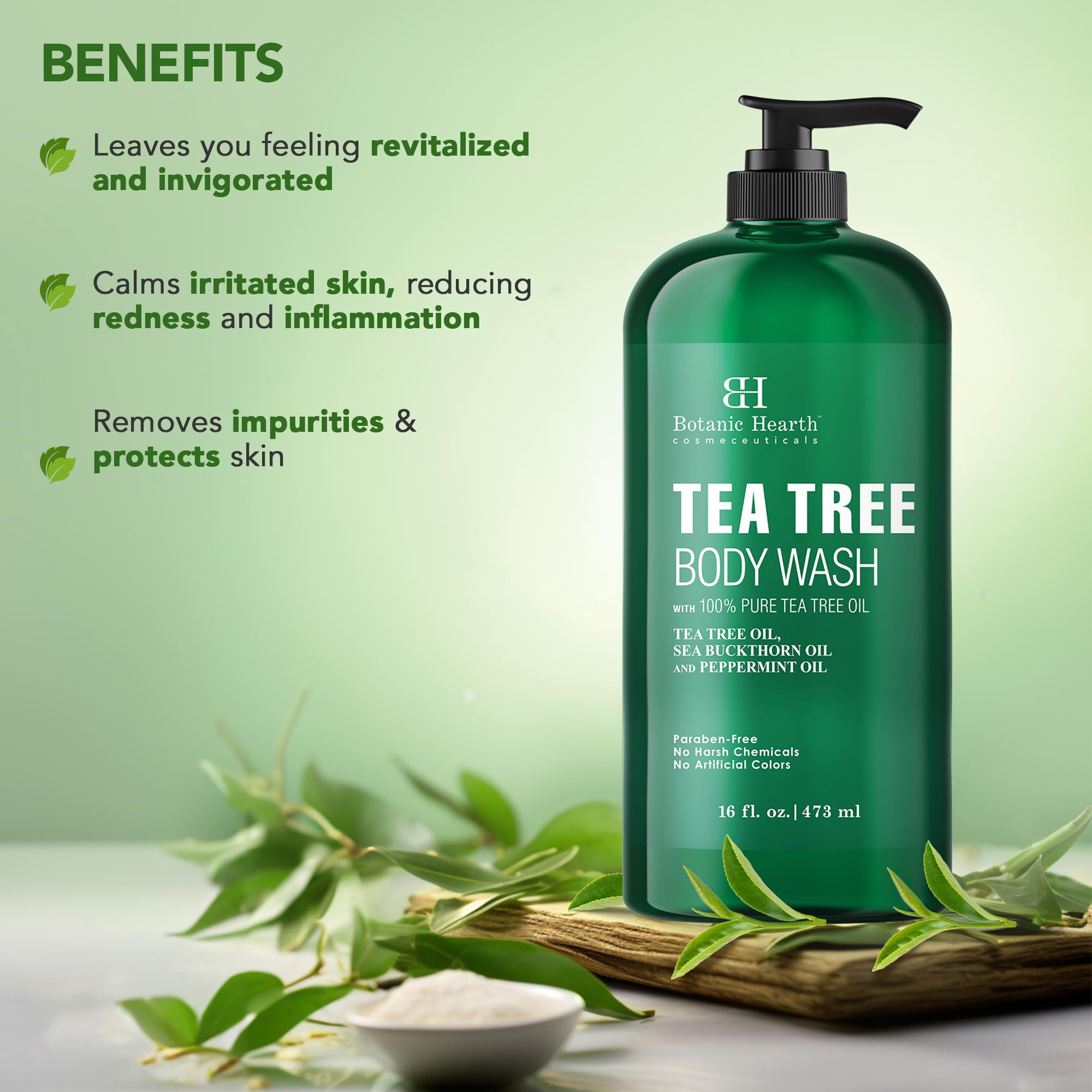 Botanic Hearth Tea Tree Body Wash - 16 fl oz - Helps Soothe Itchy, Dry Skin, Antifugal Body Wash with 100% Pure Tea Tree Oil - Sulfate Free, Paraben Free, for Men and Women