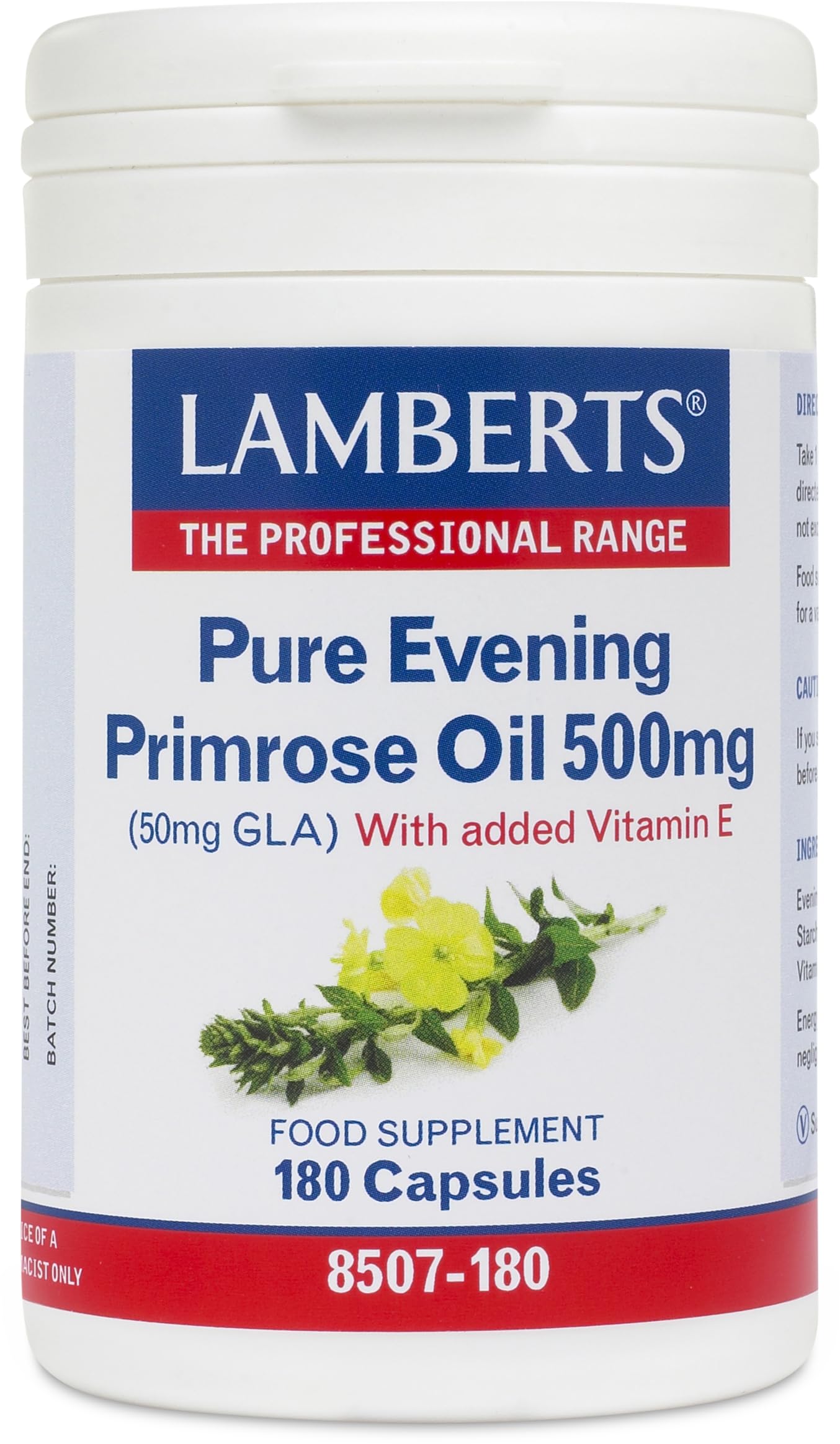 Lamberts Pure Evening Primrose Oil 500mg – Natural GLA Source with Vitamin E – Easy-Swallow Capsules – 180 Softgels – Omega 6 Supplement