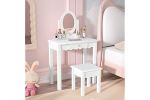 HLR Kids Vanity, Girls Vanity Set with Mirror and Stool, Wooden 2 in 1 Princess Makeup Desk Dressing Table with Detachable Top, Toddler Vanity Dresser Set with Drawer for Little Girls, White