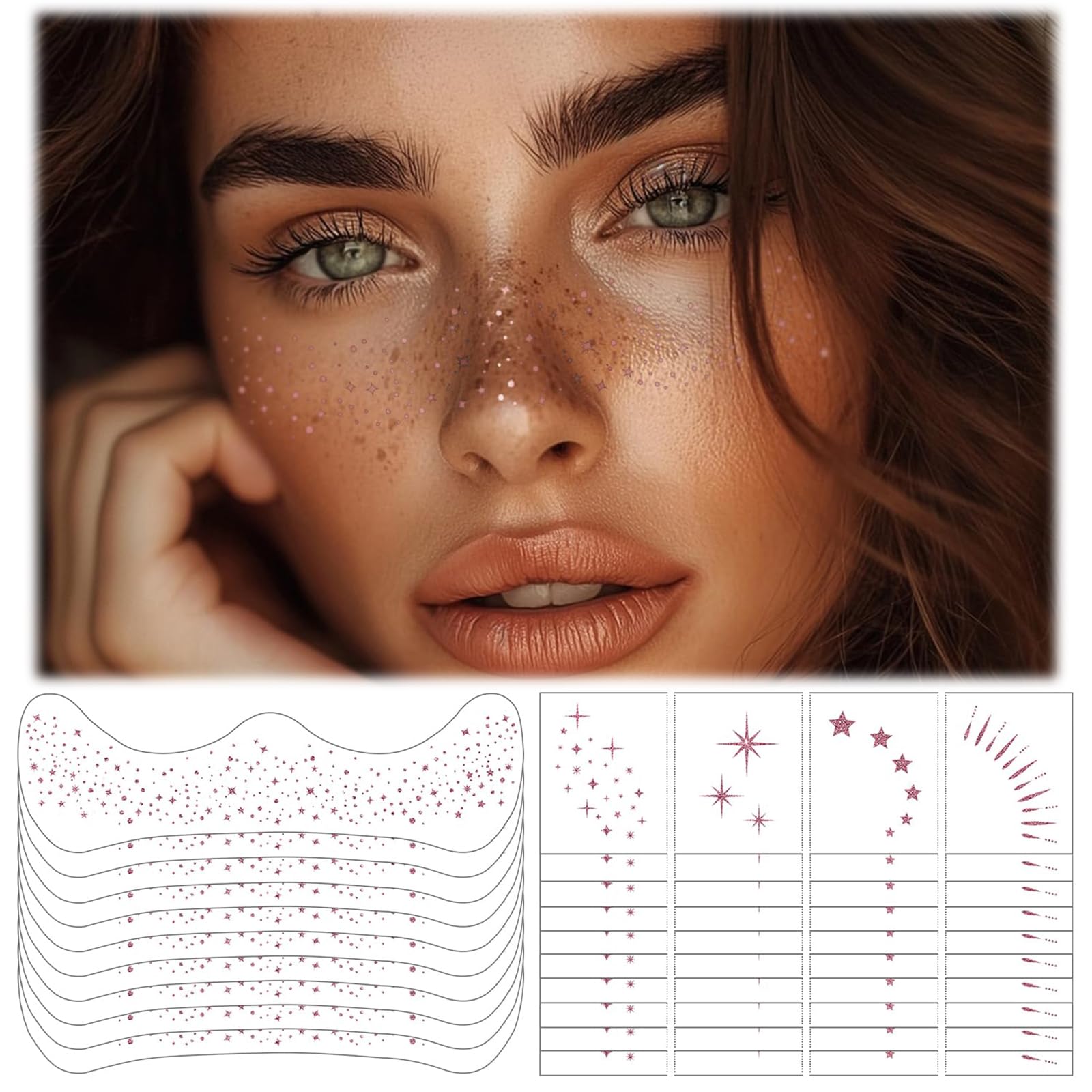TELAIN Glitter Freckles Face Tattoos Waterproof And Long Lasting, For Parties And Special Occasions, 20 Pieces Rose Gold Glitter Face Patches