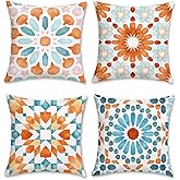 Bonhause Boho Outdoor Fall Pillow Covers 18x18 Inch Set of 4 Orange Mandala Decorative Throw Pillow Cases Soft Velvet for Sofa Couch Garden Bedroom Home Decor