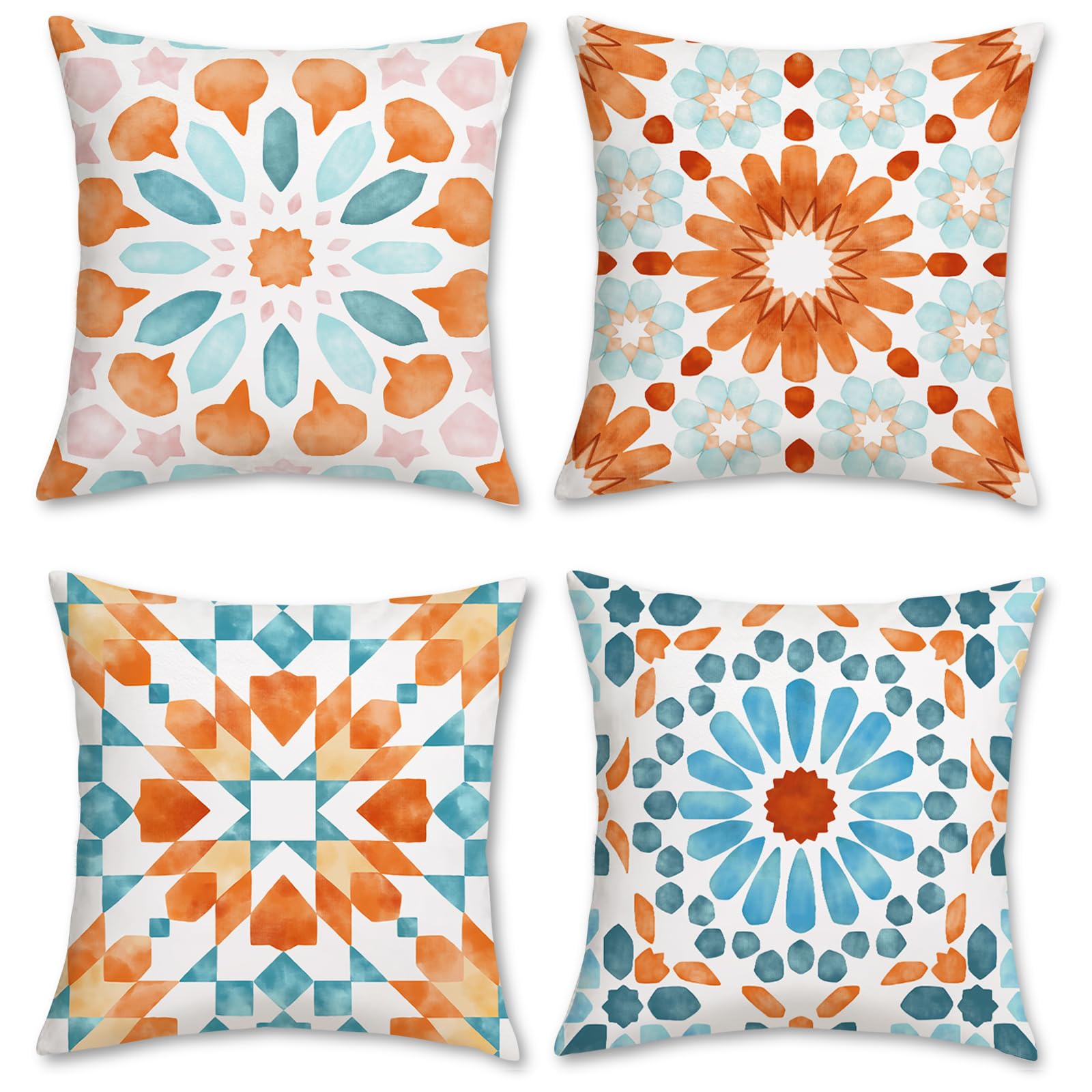 Bonhause Summer Boho Cushion Covers 45 x 45 cm Morrocan Mandala Floral Decorative Throw Pillow Covers for Sofa Bed Patio Home Decor Set of 4