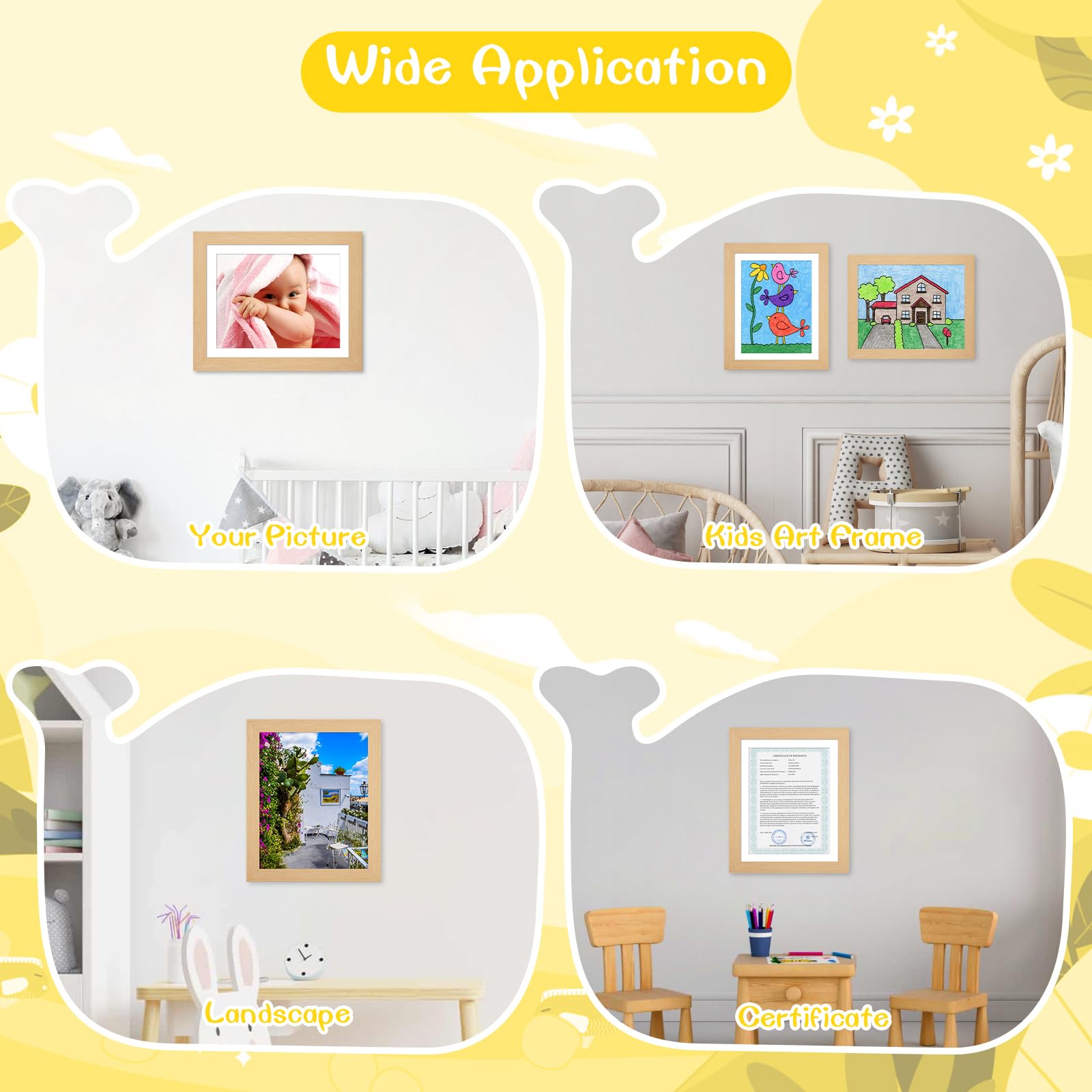 3Pack Kids Art Frames Natural Woodgrain, 10x12.5 Child Artwork Frame Without Mat Changeable Front Opening, 8.5x11 Frame With Mat, Children Storage Frame Holds Crafts, Drawing, Art Project, Schoolwork