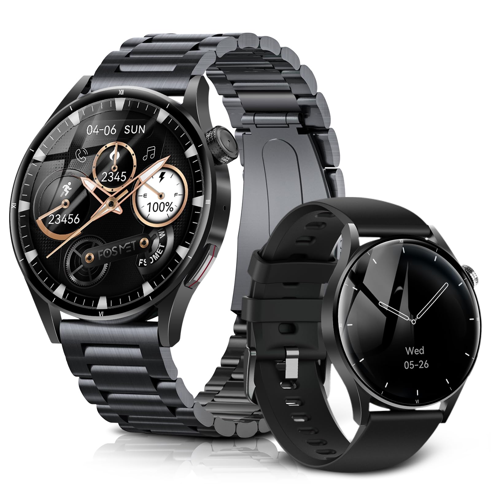 FOSMET QS40 Round Men's Smart Watch, Constant Display, 1.43 Inches, Super AMOLED Display, Sapphire Glass, 10 Days Battery Life, GPS Linkable Apps, Smart Watch, iPhone and Android Compatible, IP68