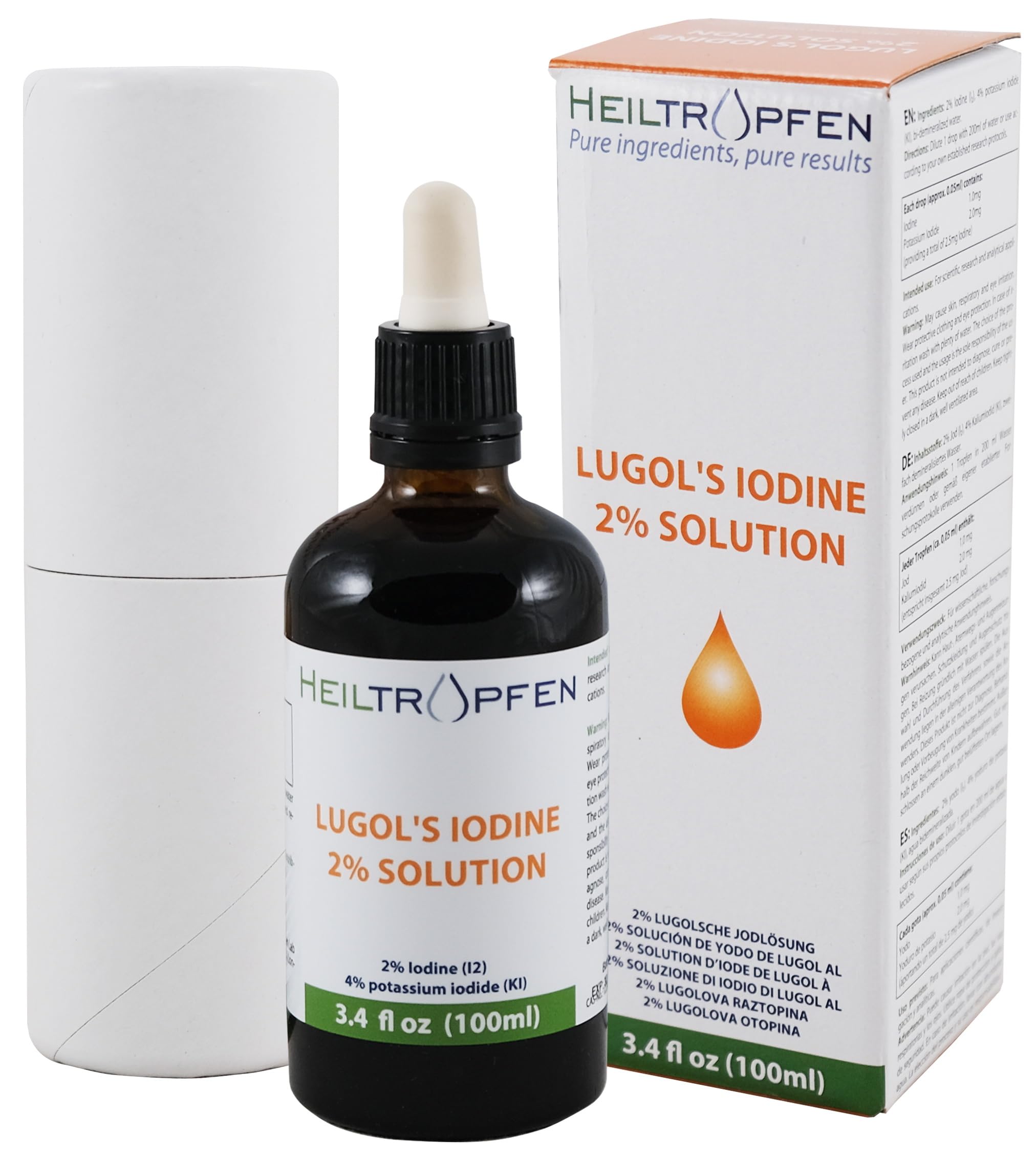 Lugol's Solution 3.4 Oz - 100 ml | 6% Strength Liquid Formulation | Made with 2% Iodine and 4% Potassium Iodide Liquid | Drops | Third-Party Tested | Heiltropfen®